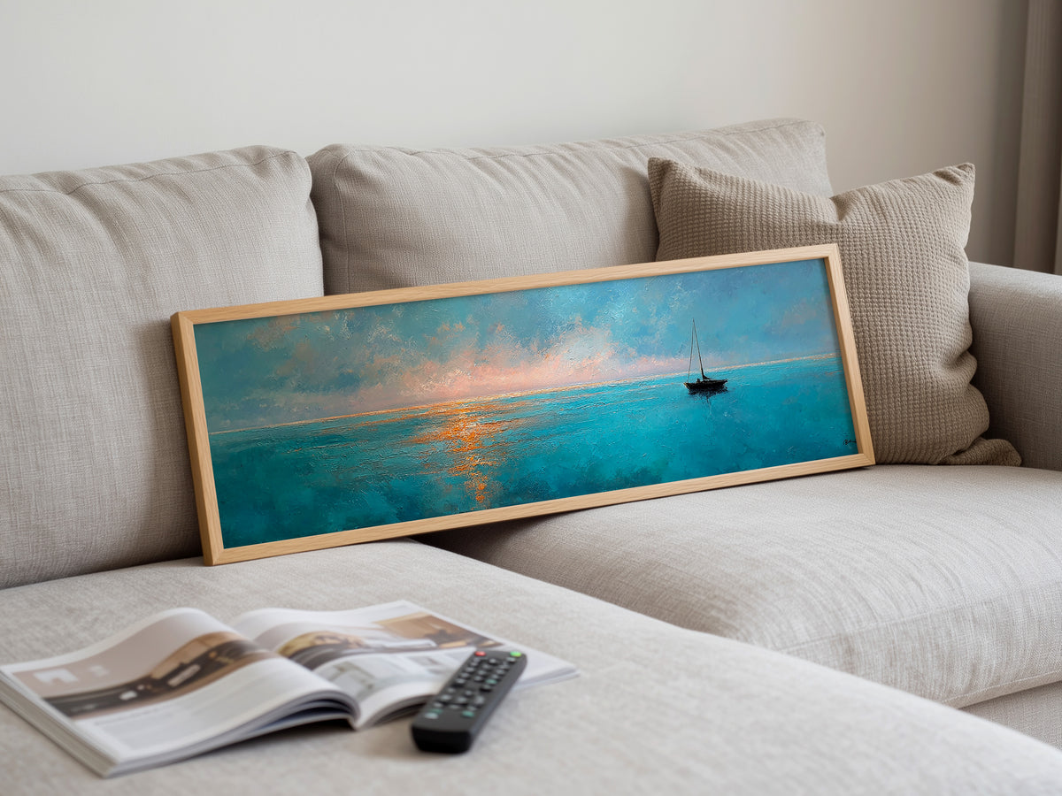 Minimalist Sailboat Ocean Sunset Panoramic Canvas Print, Peaceful Nautical Teal Seascape Wall Art, Coastal Modern Living Room Decor