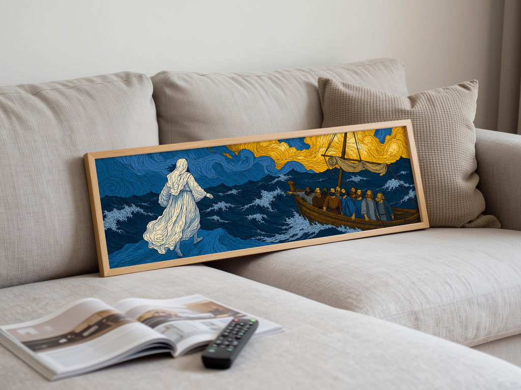 Biblical Jesus Walking Water Swirling Sea Panoramic Canvas Print, Van Gogh Style Blue Gold Wall Art, Redeemer Christian Heavenly Decor, P272