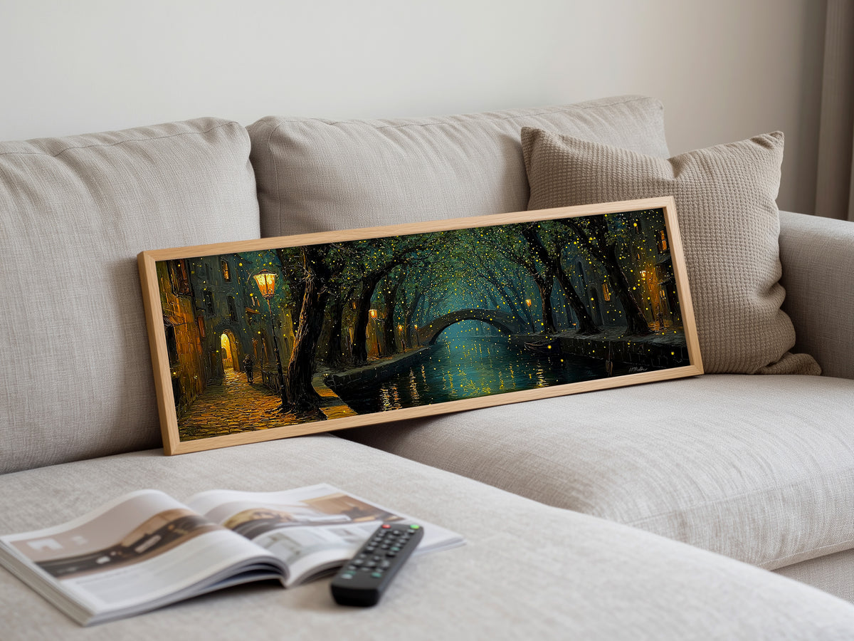Magical Night Canal Bridge Panoramic Canvas Print, Fairy Lights Tree Tunnel Wall Art
