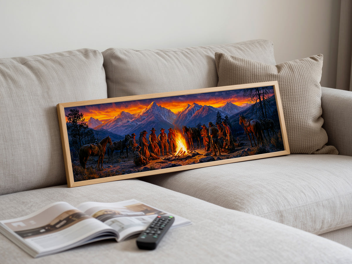 Cowboy Campfire Mountain Sunset Panoramic Canvas Print, Western Cowboys and Horses Wall Art, Extra Large Rustic Lodge Decor