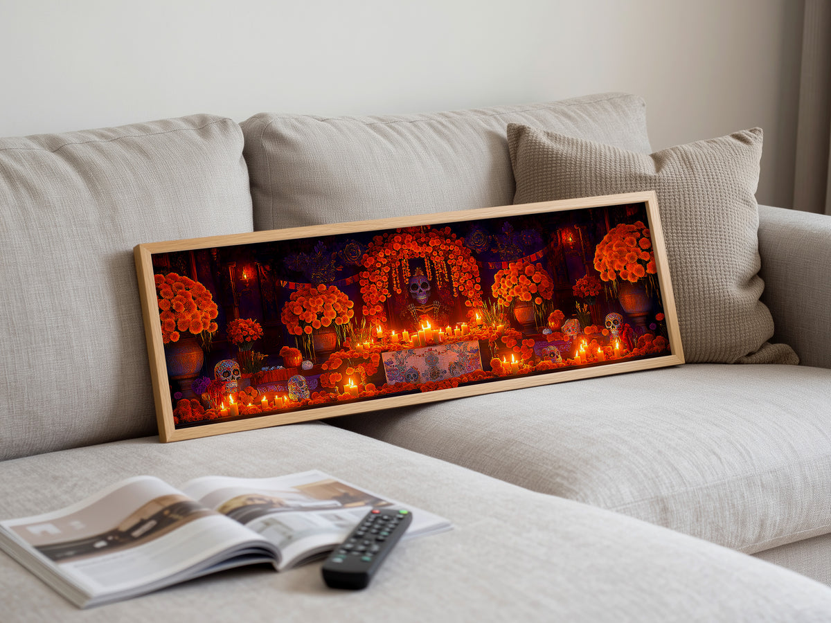 Day of the Dead Altar Panoramic Canvas Print, Dia de los Muertos Wall Art, Mexican Ofrenda Decor