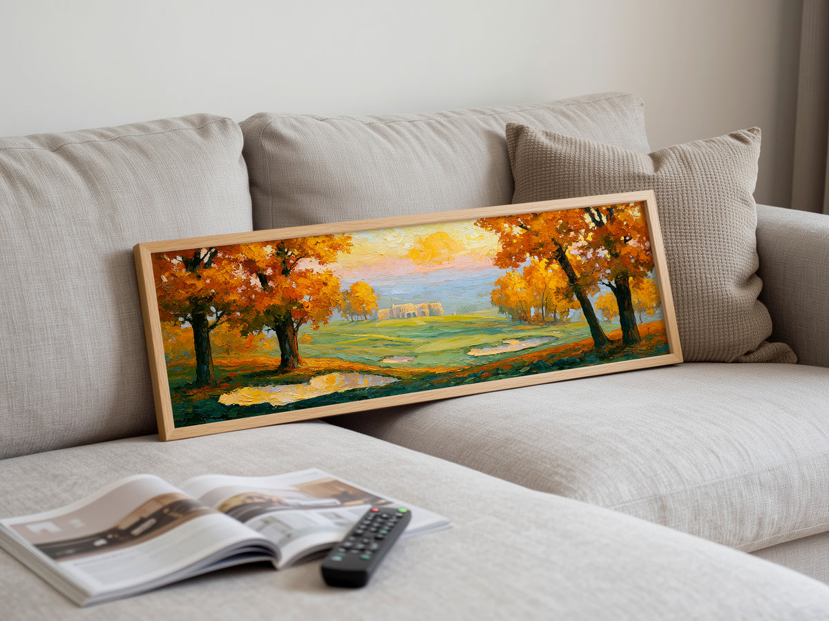 Golden Autumn Golf Landscape Panoramic Canvas Print, Impasto Fall Landscape Painting Wall Art,