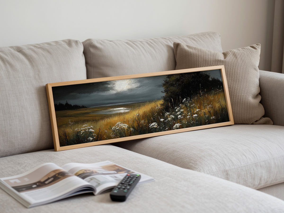 Moonlit Marsh Dark Moody Landscape Panoramic Canvas Print, Wildflower Field at Night Wall Art