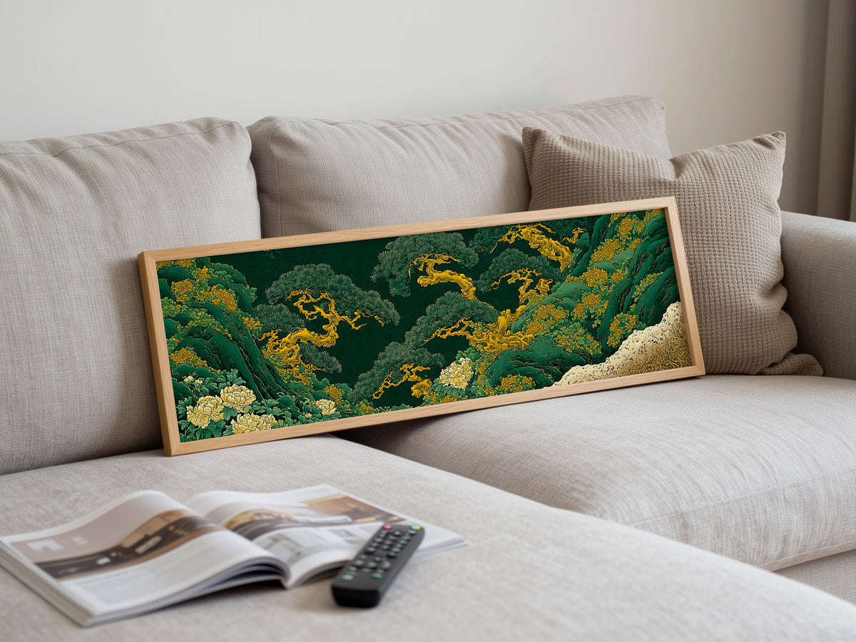 Japanese Pine Tree Panoramic Canvas Print, Emerald Green and Gold Landscape Wall Art