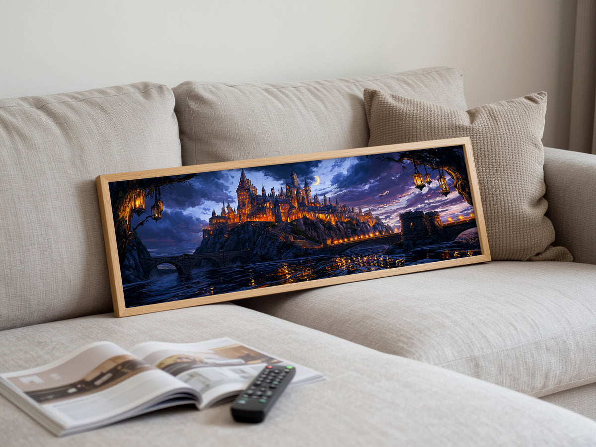 Enchanted Wizard Castle Night Panoramic Canvas Print, Fantasy Magic School Moonlit Wall Art, Dark Academia Fantasy Castle Decor