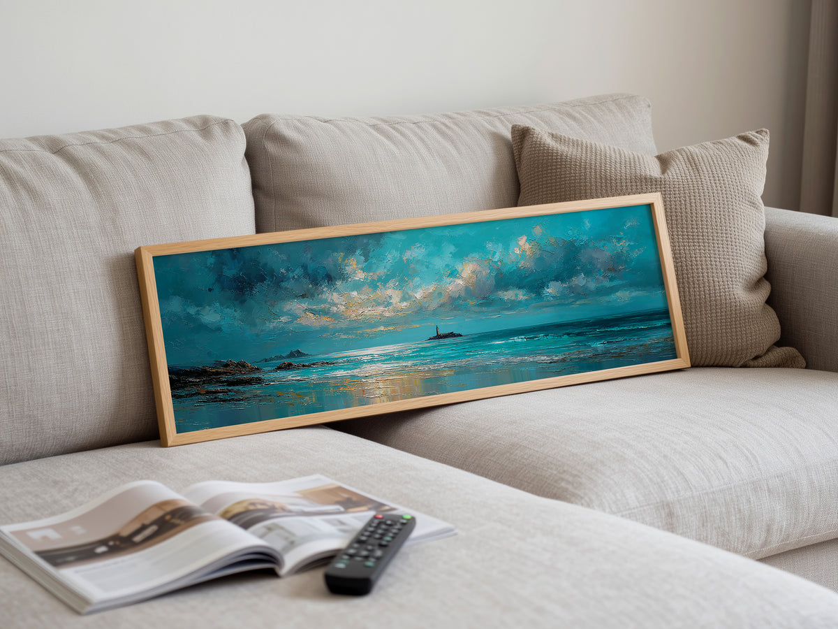 Dramatic Teal Seascape Lighthouse Panoramic Canvas Print, Stormy Ocean Sky Wall Art, Moody Ocean Horizon Art Decor