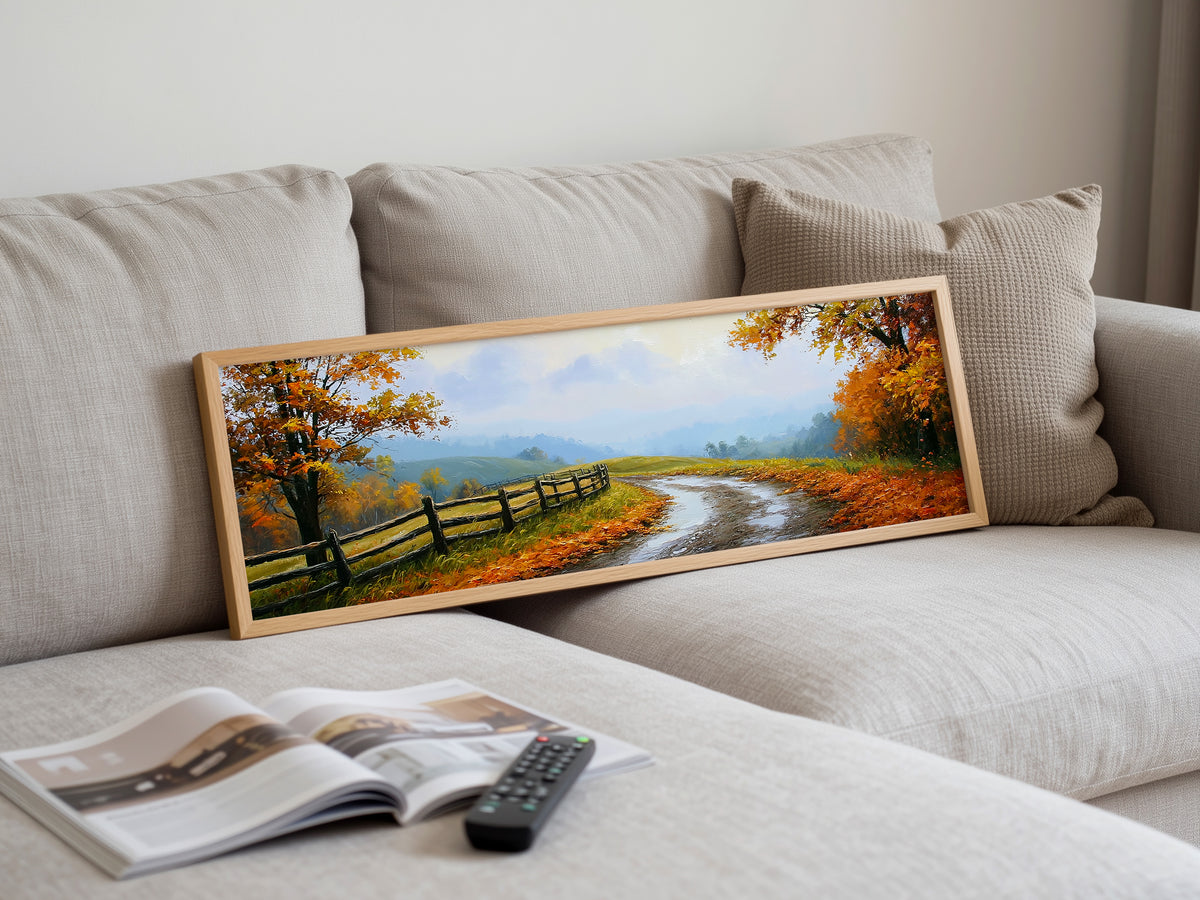 Orange Fall Foliage Country Road Panoramic Canvas Print, Rustic Fence Lane Wall Art, Cabin Wall Decor