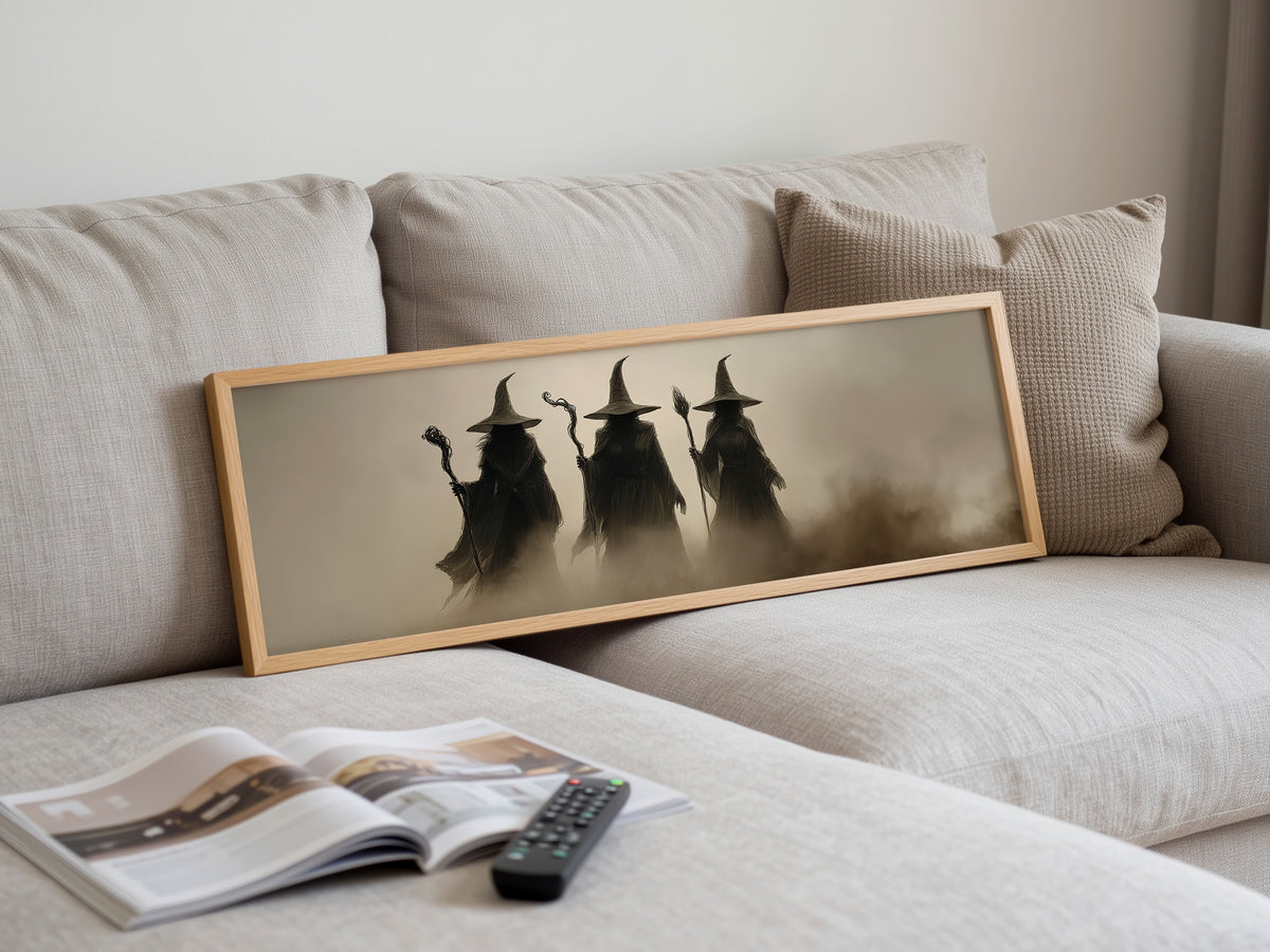 Mystic Witchy Dark Academia Panoramic Canvas Print, Three Coven Fantasy Wall Art