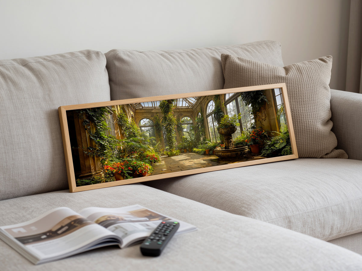 Victorian Conservatory Garden Panoramic Canvas Print, Sunlit Greenhouse Wall Art
