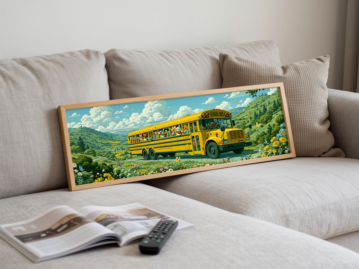 Cute Animal School Bus Panoramic Canvas Print, Whimsical Kids Room Wall Art, Extra Large Nursery Decor
