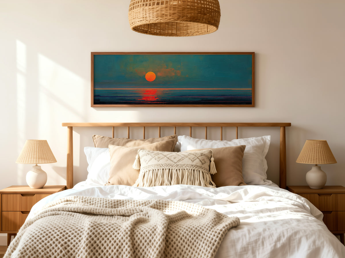 Modern Sunset Panoramic Canvas Print, Minimalist Coastal Wall Decor for Living Room