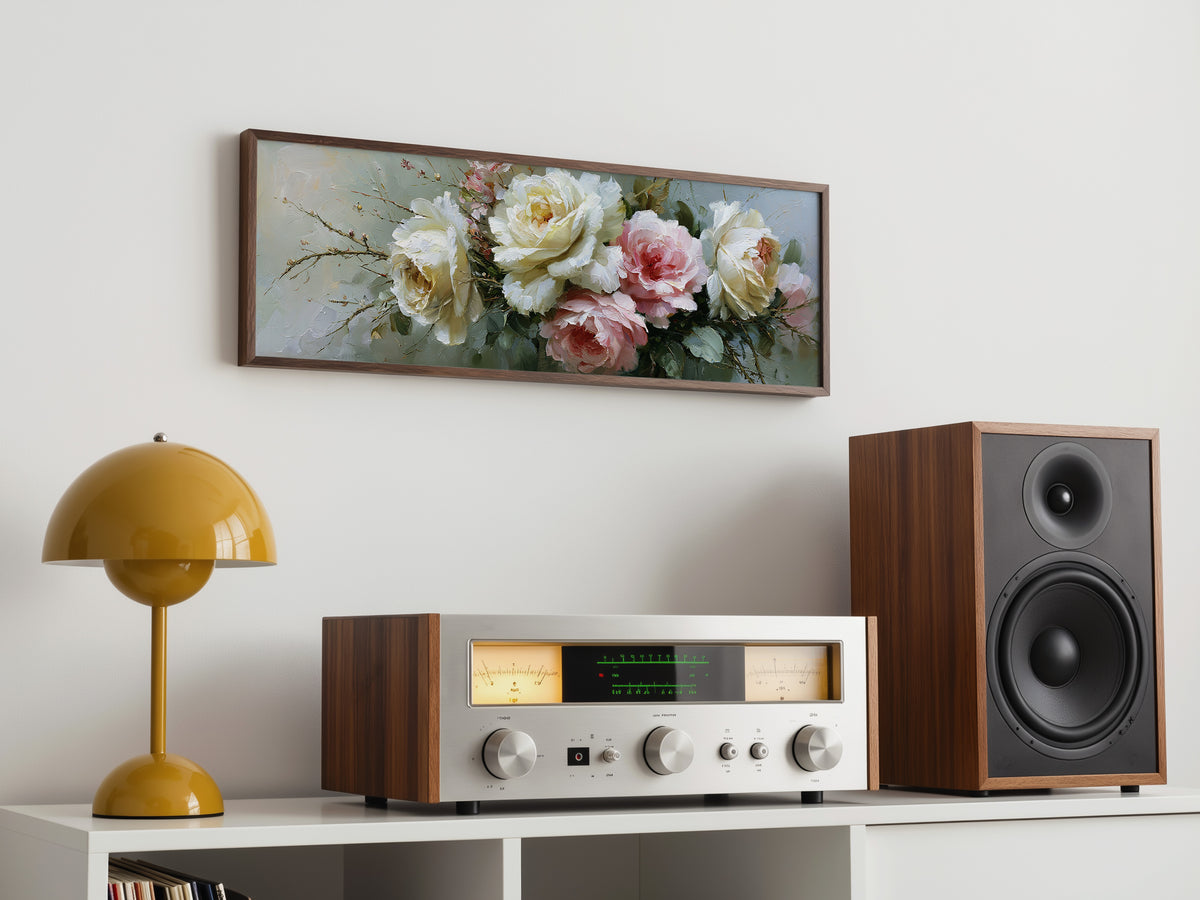 Elegant Peony Rose Bouquet Panoramic Canvas Print, Soft Pink White Floral Wall Art, Romantic Elegant Home Decor