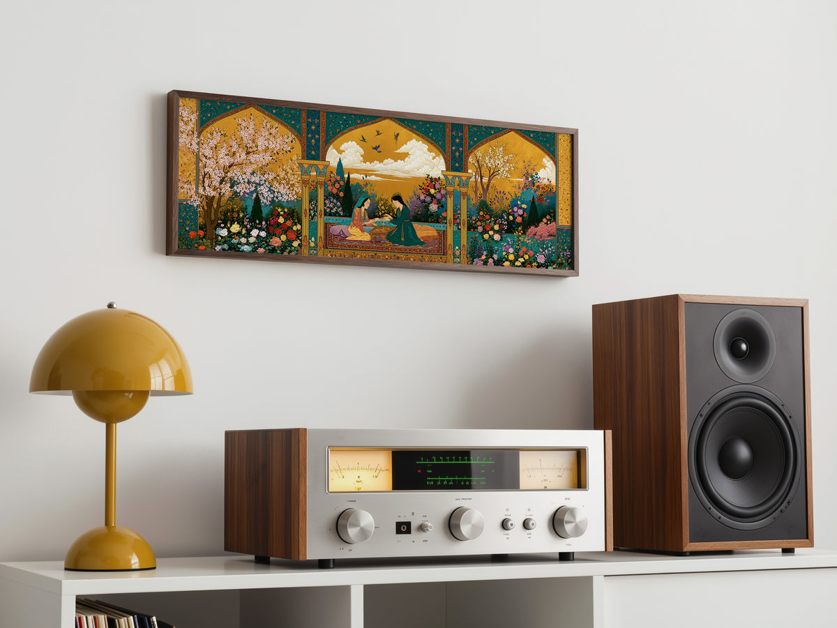 Persian Garden Women Tea Ceremony Panoramic Canvas Print, Islamic Miniature Gold Floral Wall Art, Exotic Middle Eastern Decor