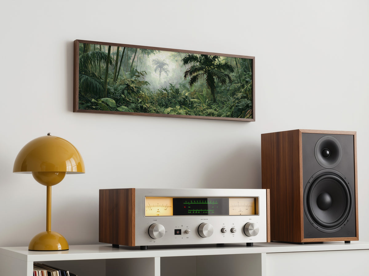 Misty Tropical Jungle Panoramic Canvas Print, Lush Green Rainforest Wall Art, Extra Large Biophilic Modern Home Decor