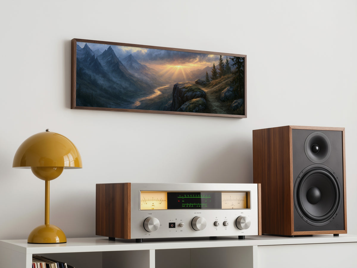 Alpine Mountain Valley Sunrise Panoramic Canvas Print, Golden Light Ray Landscape Wall Art, Rustic Living Room Canvas Decor