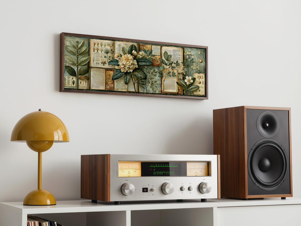 Vintage Botanical Book Page Panoramic Canvas Print, Academic Cottagecore Antique Floral Collage Wall Art, Dark Academia Library Decor