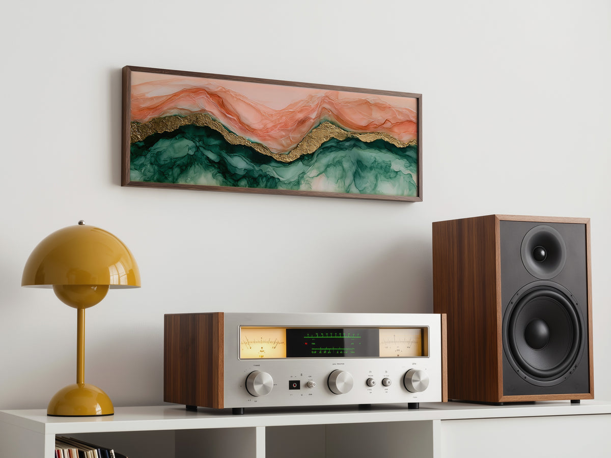 Blush Pink Gold Marble Fluid Panoramic Canvas Print, Abstract Alcohol Ink Emerald Green Mountain Wall Art, Luxury Wall Decor