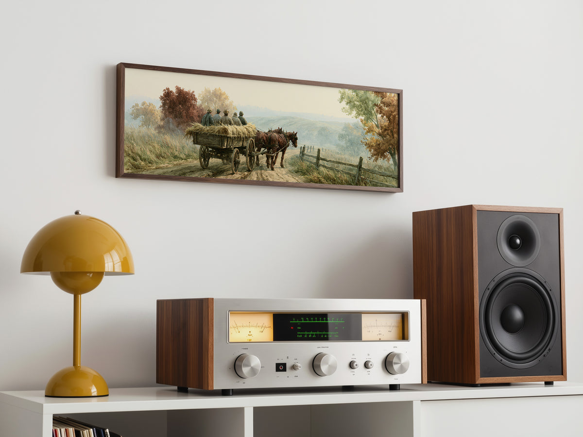 Vintage Horse Wagon Countryside Panoramic Canvas Print, Autumn Landscape Rustic Farmhouse Wall Art, Country Home Art Decor