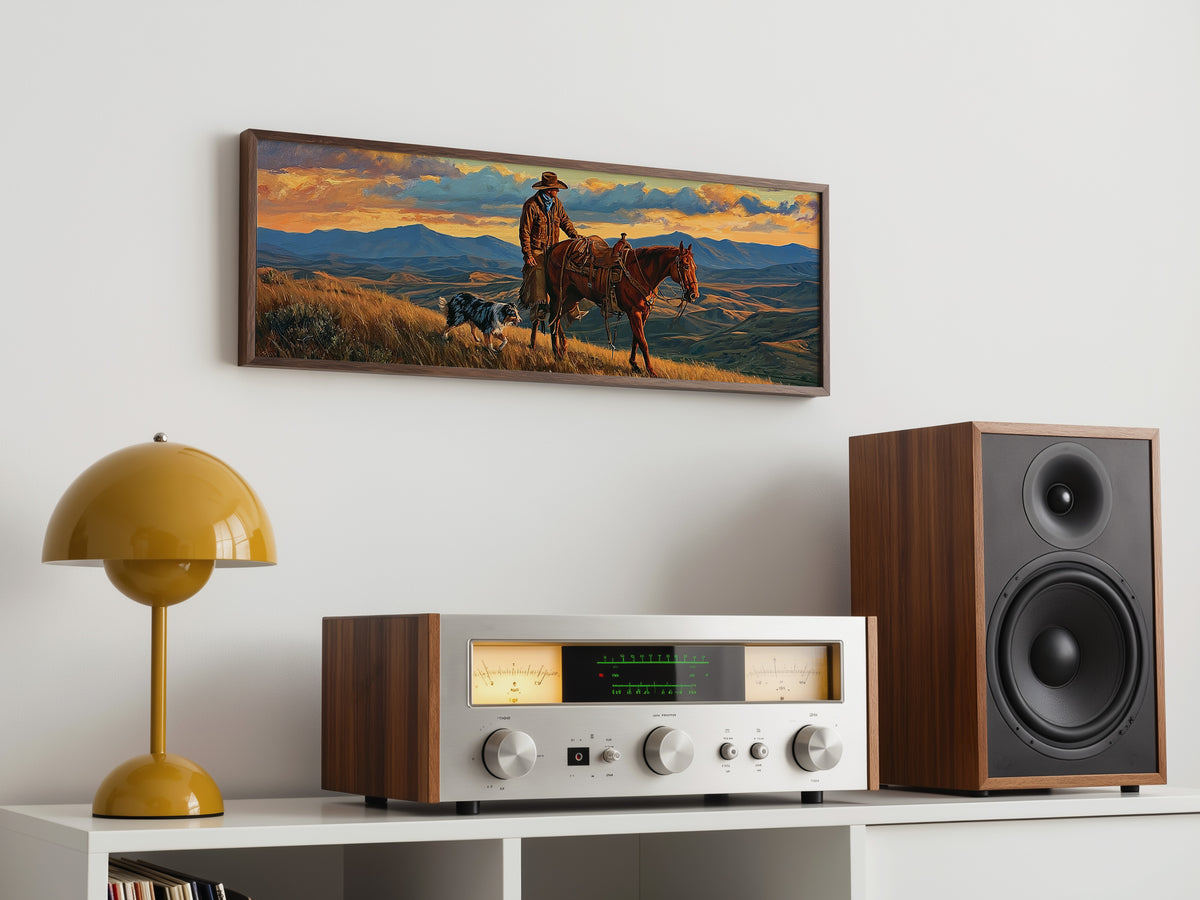 Western Cowboy Horse Dog Sunset Panoramic Canvas Print, Mountain Ranch Panoramic Wall Art, Rustic Country Ranch Decor