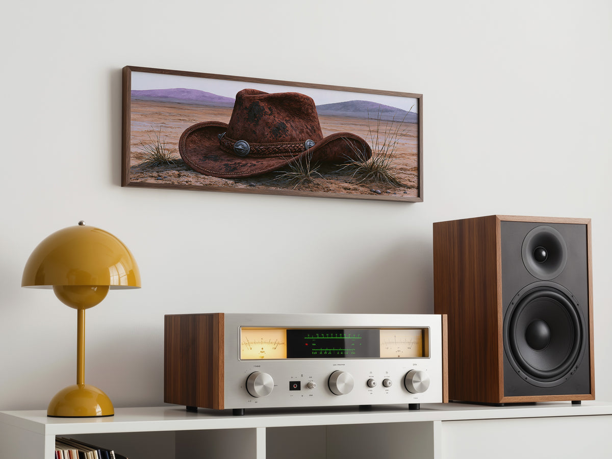Vintage Cowboy Hat and Desert Landscape Panoramic Canvas Print, Southwest Western Wall Art, Country Living Room Decor