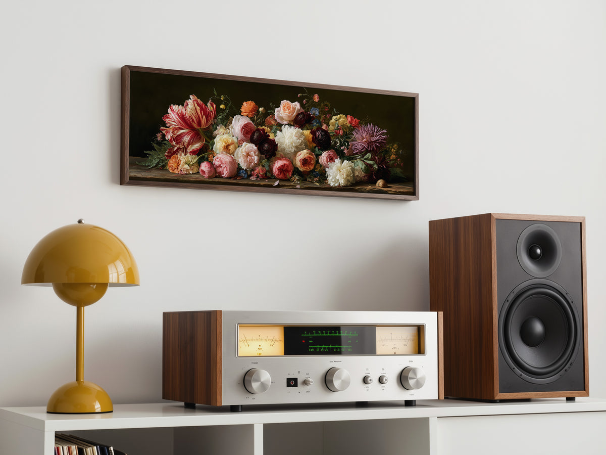 Dutch Golden Age Floral Still Life Panoramic Canvas Print, Vintage Botanical Flowers Wall Art, Dark Academia Living Room Decor