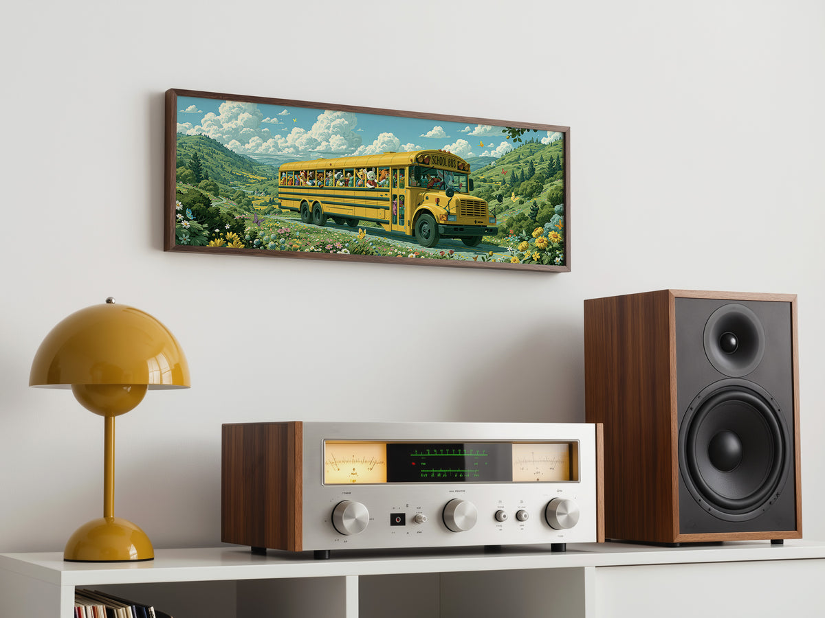 Cute Animal School Bus Panoramic Canvas Print, Whimsical Kids Room Wall Art, Extra Large Nursery Decor