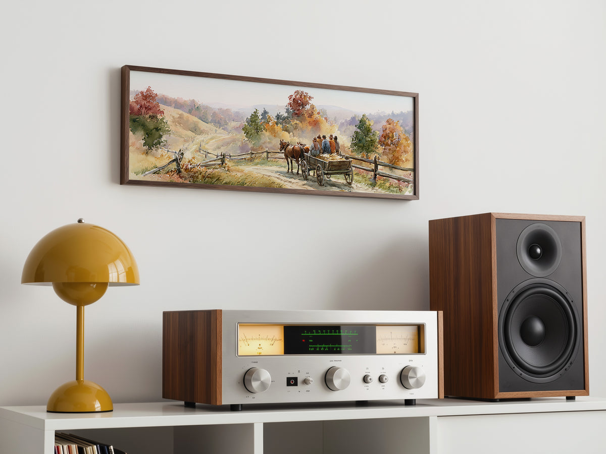 Autumn Watercolor Horse Drawn Wagon Panoramic Canvas Print, Rustic Country Road Lane Wall Art, Vintage Fall Scene, Countryside Decor