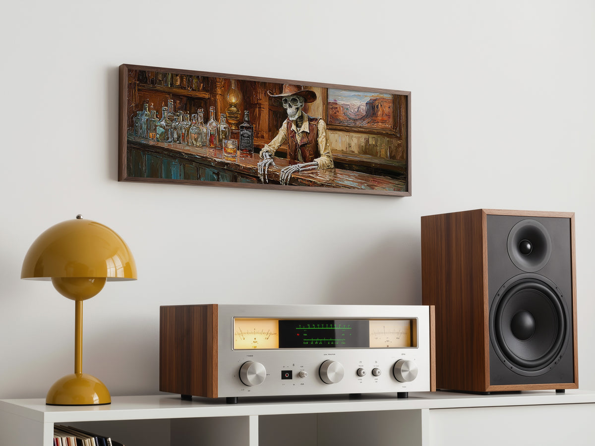 Cowboy Skeleton Saloon Bar Panoramic Canvas Print, Western Skull Whiskey Wall Art, Extra Large Rustic Man Cave Decor