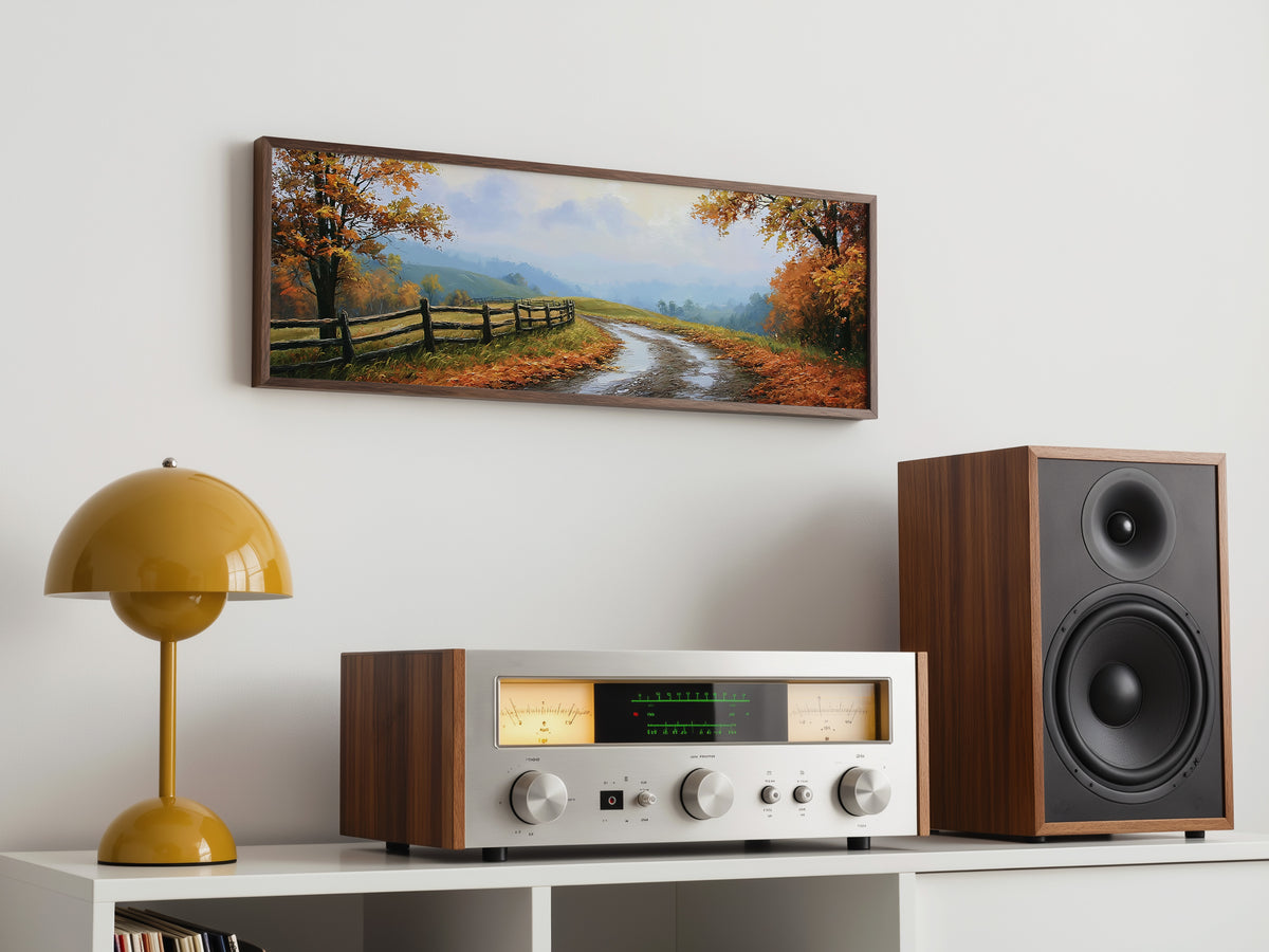 Orange Fall Foliage Country Road Panoramic Canvas Print, Rustic Fence Lane Wall Art, Cabin Wall Decor
