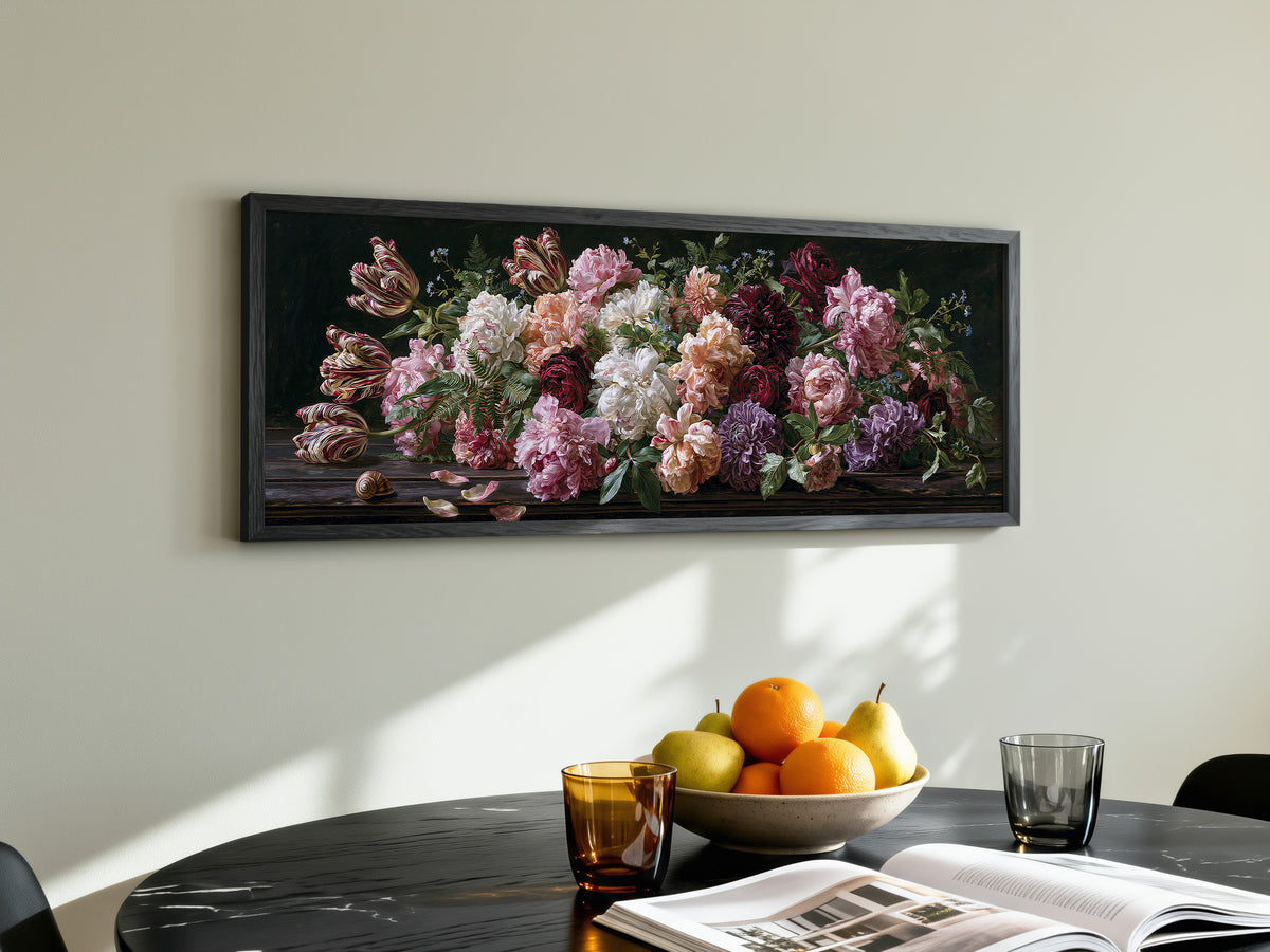 Dark Floral Panoramic Canvas Print, Peony & Tulip Botanical Wall Art, Extra Large Horizontal Decor