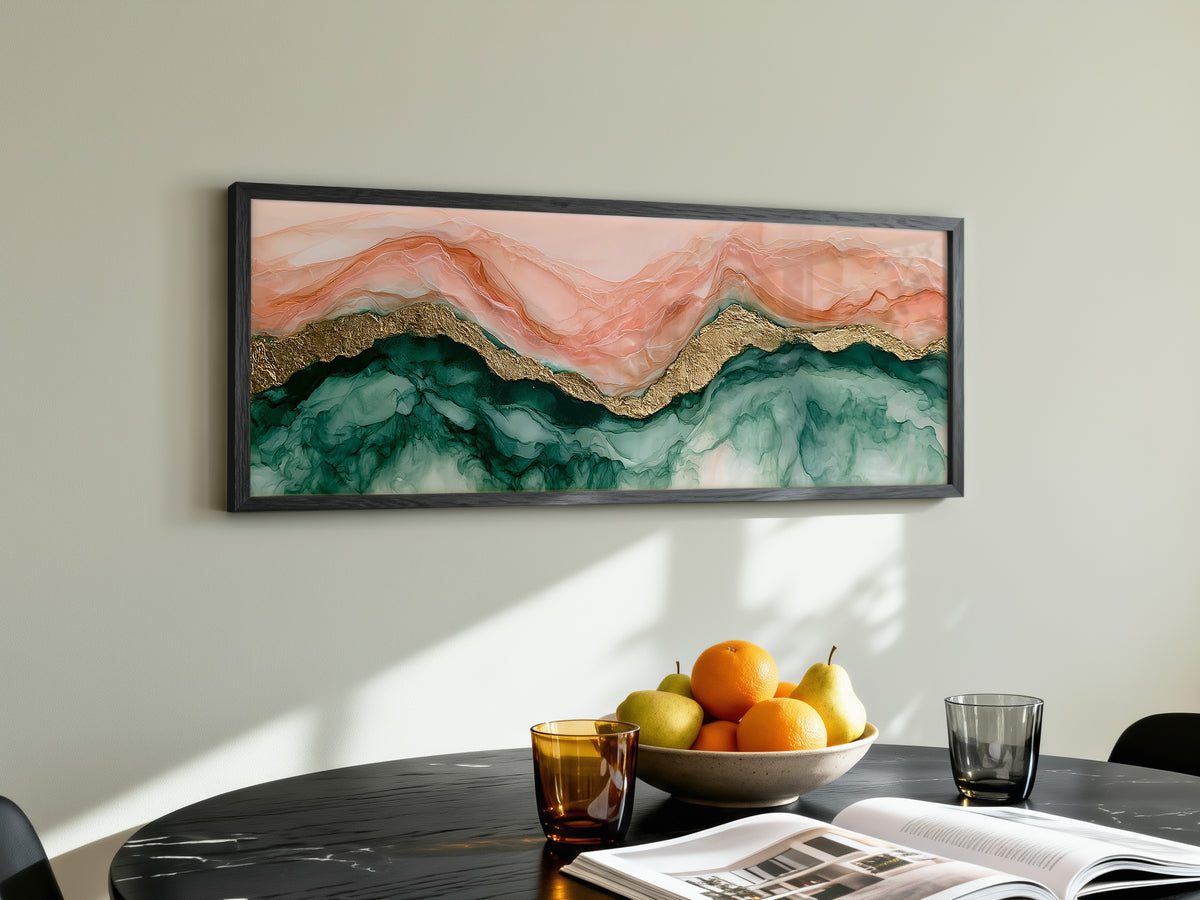 Blush Pink Gold Marble Fluid Panoramic Canvas Print, Abstract Alcohol Ink Emerald Green Mountain Wall Art, Luxury Wall Decor