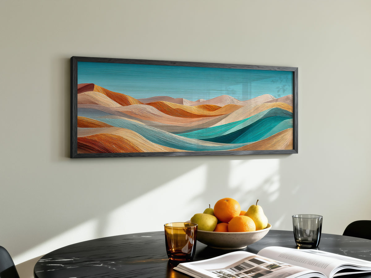 Abstract Desert Dunes Teal Orange Panoramic Canvas Print, Wavy Desert Landscape Wall Art, Boho Mid Century Living Room Decor