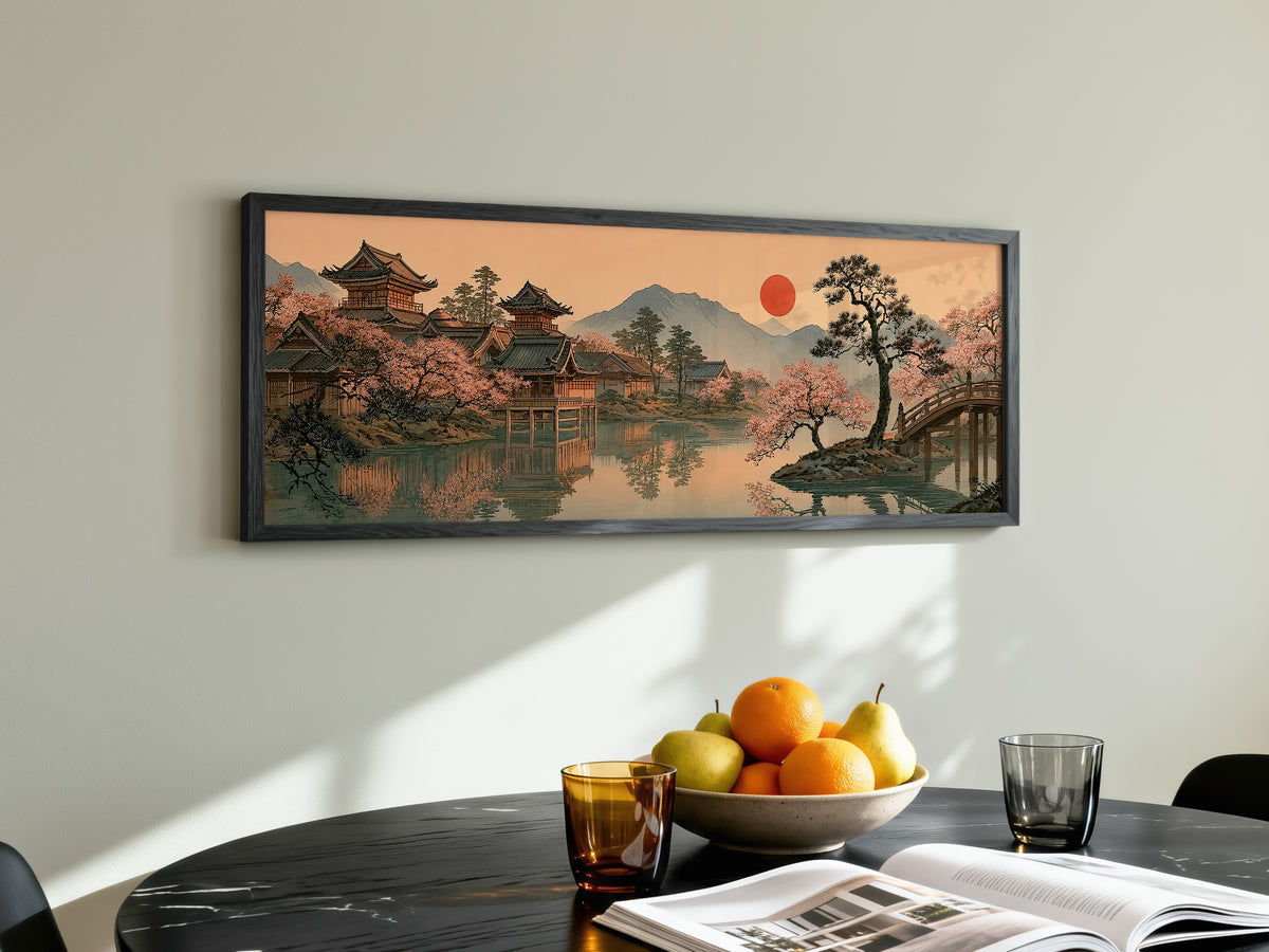 Japanese Garden Temple Panoramic Canvas Print, Cherry Blossom Red Sun Wall Art