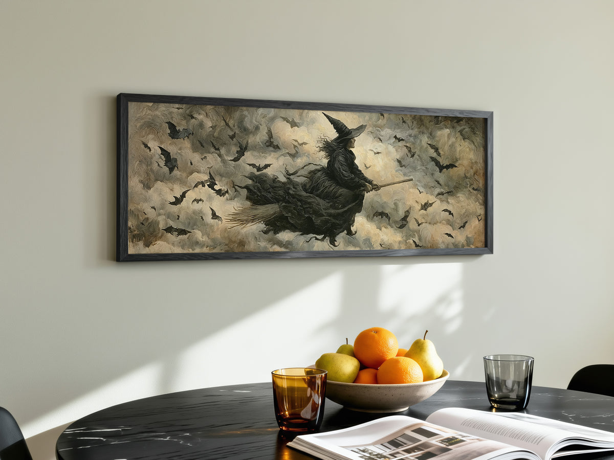 Flying Witch Broomstick Panoramic Canvas Print, Dark Bats Night Sky Wall Art