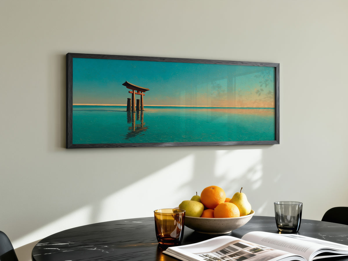 Japanese Torii Gate Ocean Sunset Panoramic Canvas Print, Minimalist Teal Blue Wall Art, Extra Large Zen Living Room Decor