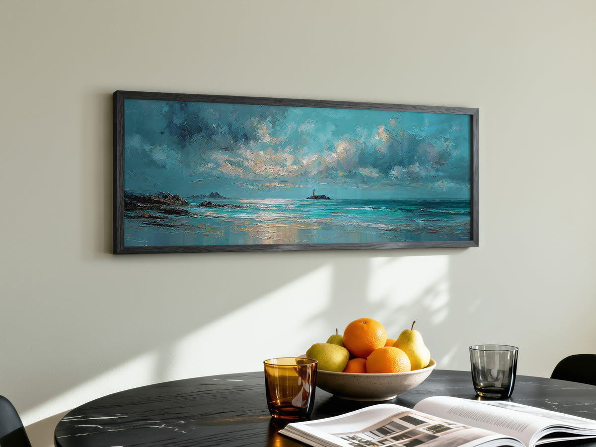 Dramatic Teal Seascape Lighthouse Panoramic Canvas Print, Stormy Ocean Sky Wall Art, Moody Ocean Horizon Art Decor