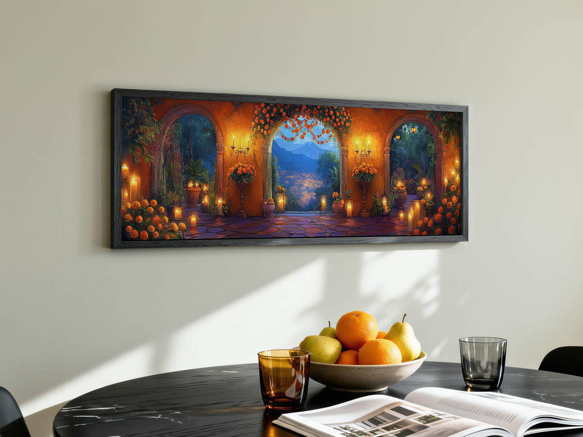 Mexican Courtyard Twilight Panoramic Canvas Print, Marigold Archway Sunset Landscape Wall Art