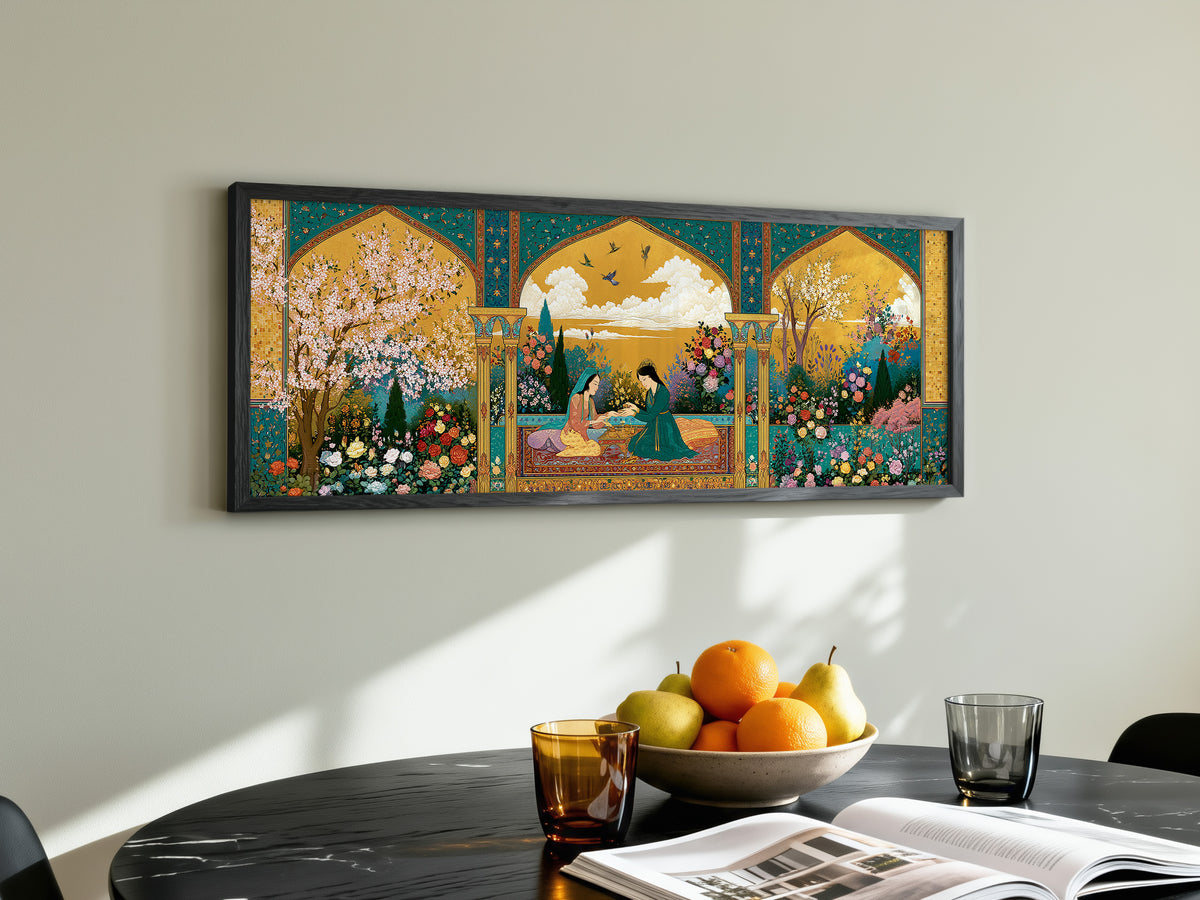 Persian Garden Women Tea Ceremony Panoramic Canvas Print, Islamic Miniature Gold Floral Wall Art, Exotic Middle Eastern Decor