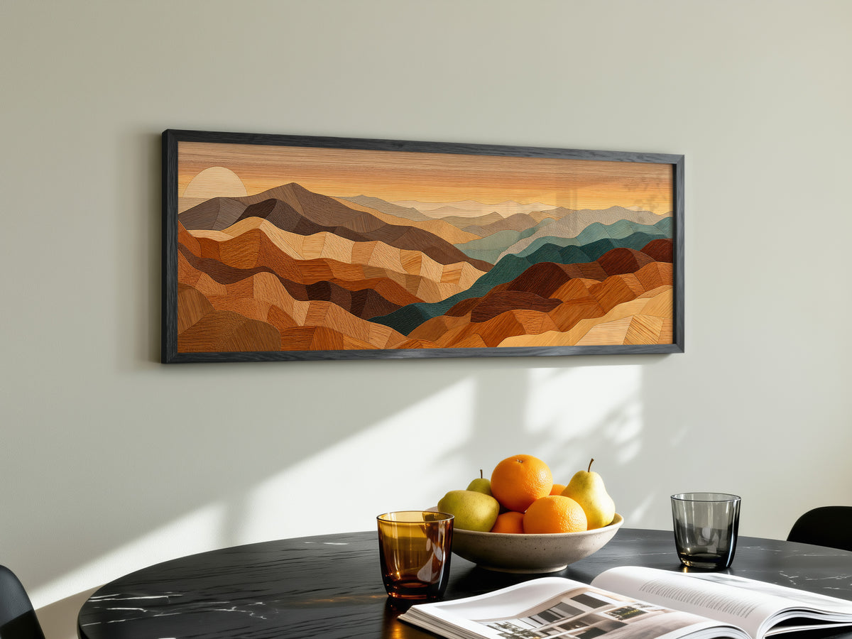 Wood Mosaic Desert Mountain Landscape Panoramic Canvas Print, Earthy Terracotta Teal Geometric Desert Wall Art, Over Bed Room Decor