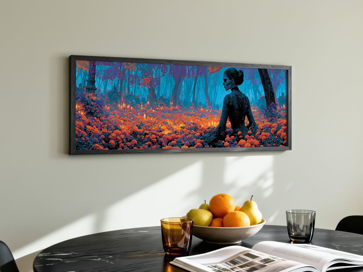 Sugar Skull Woman Marigold Forest Panoramic Canvas Print, Day of the Dead Blue Orange Wall Art, Macabre Room Decor