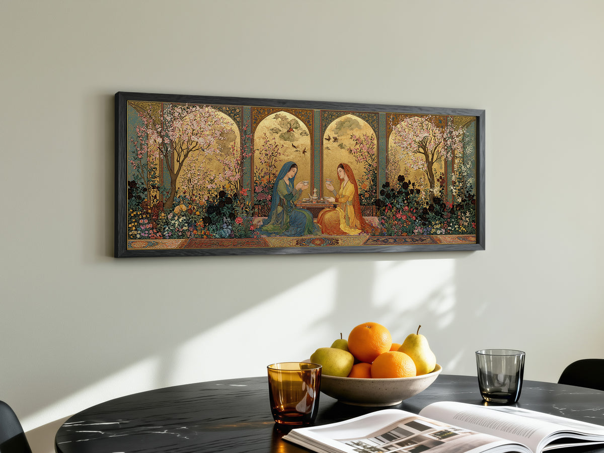 Persian Miniature Garden Panoramic Canvas Print, Islamic Floral Women Wall Art, Exotic Middle Eastern Decor