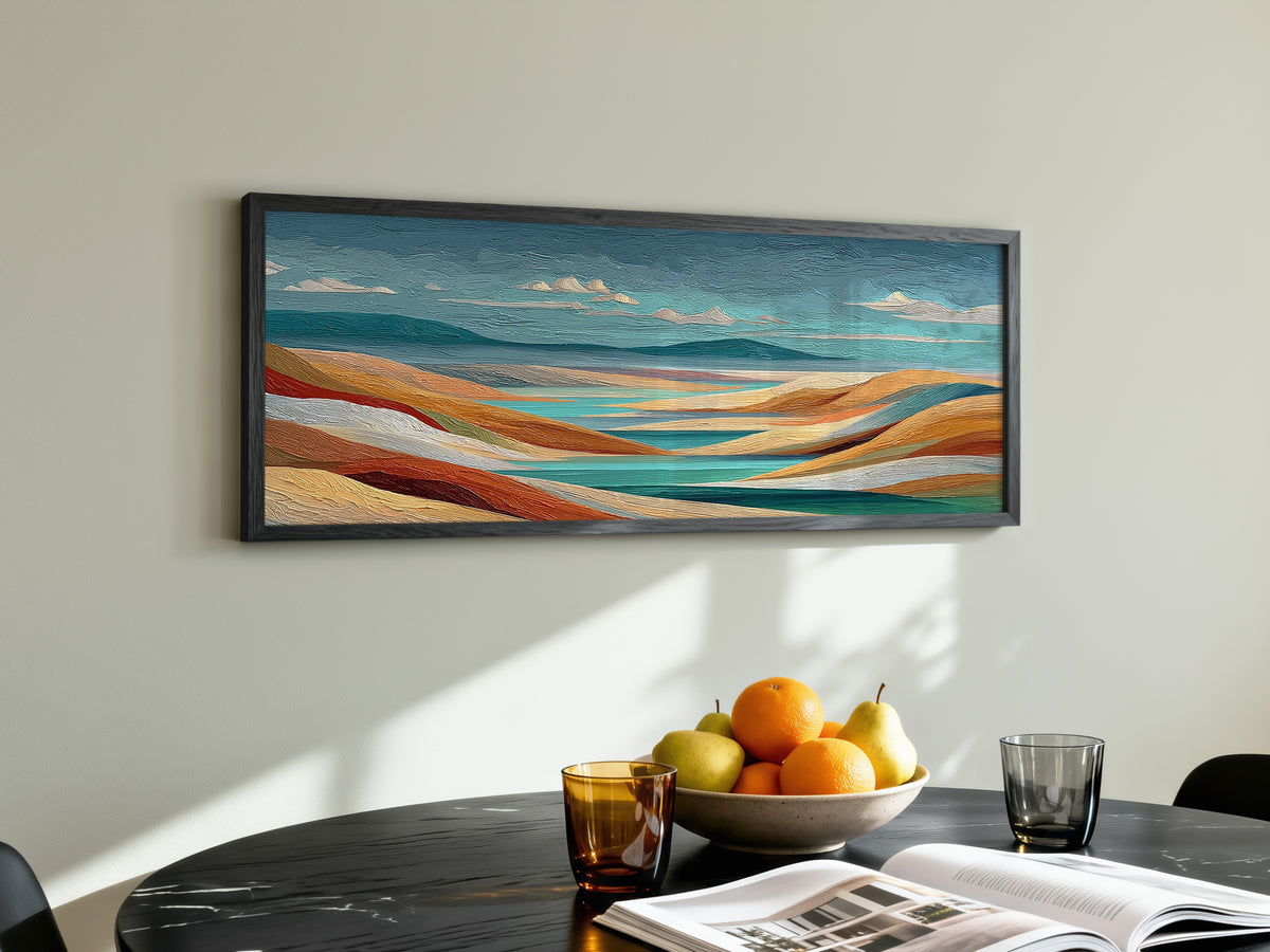 Colorful Abstract Rolling Hills Panoramic Canvas Print, Teal Orange Terracotta Landscape Wall Art, Horizontal Over The Sofa Art