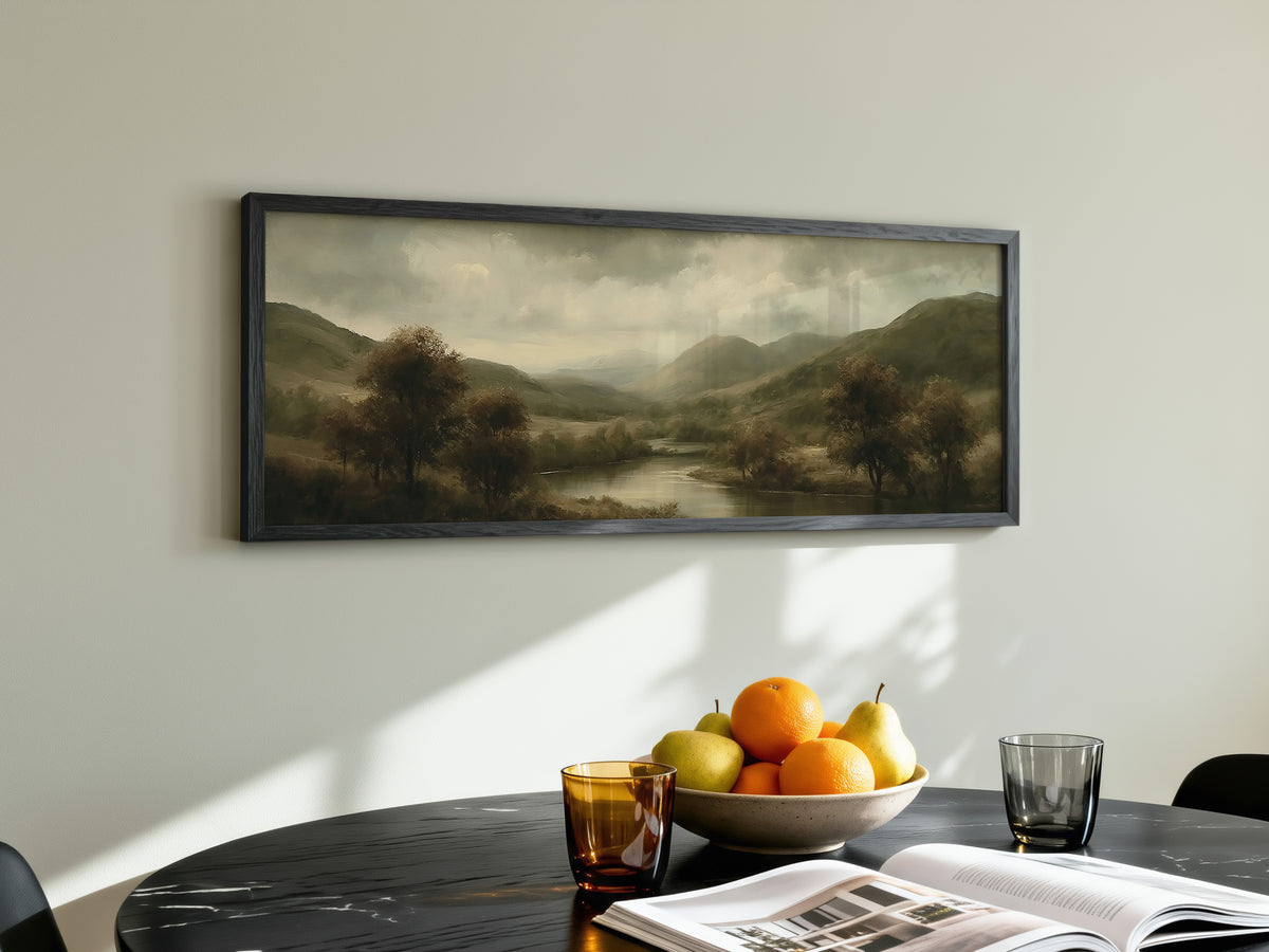Moody Dark Green Valley Landscape Panoramic Canvas Print, Olive Rolling Hills Wall Art