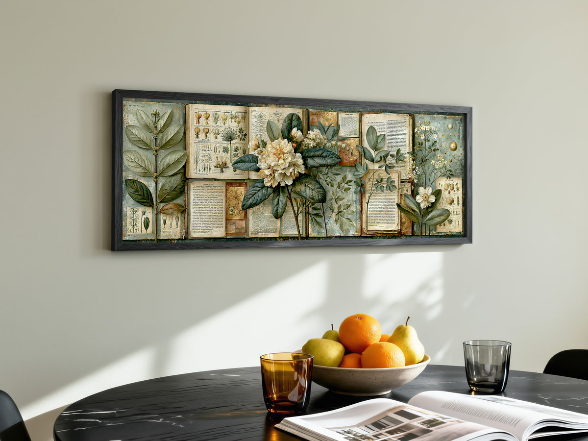 Vintage Botanical Book Page Panoramic Canvas Print, Academic Cottagecore Antique Floral Collage Wall Art, Dark Academia Library Decor