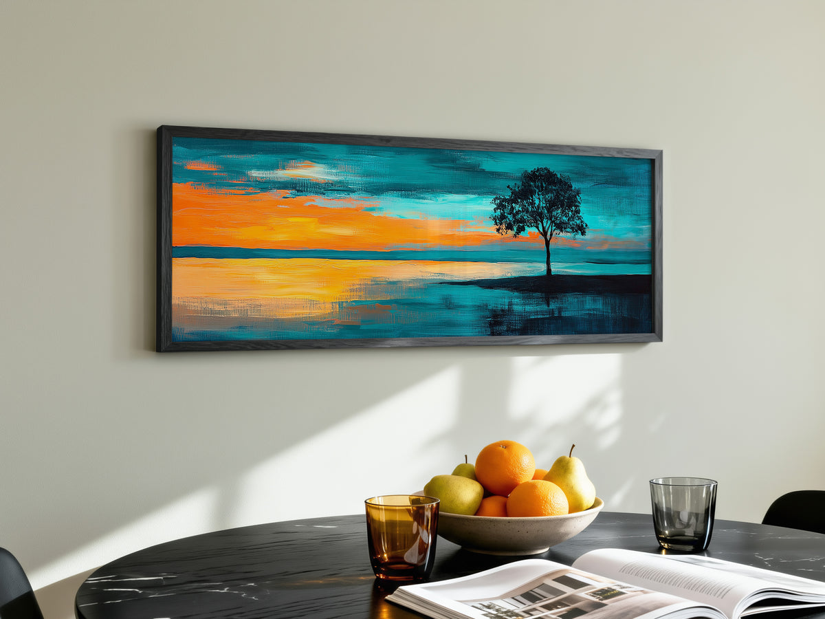Dramatic Lone Tree Teal Orange Sky Panoramic Canvas Print, Abstract Sunset Landscape Wall Art, Silhouette Oversized Horizon Art Decor