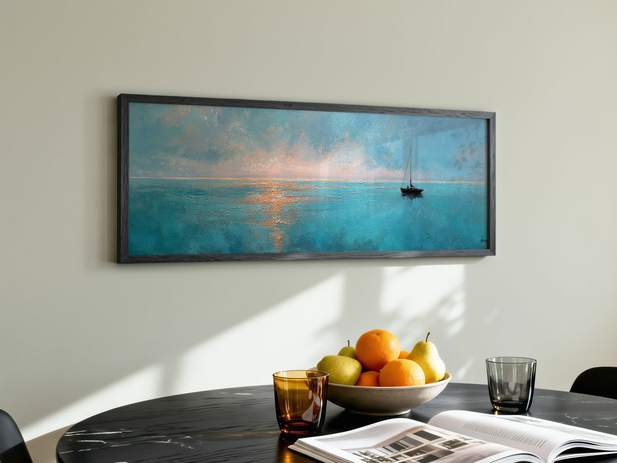 Minimalist Sailboat Ocean Sunset Panoramic Canvas Print, Peaceful Nautical Teal Seascape Wall Art, Coastal Modern Living Room Decor