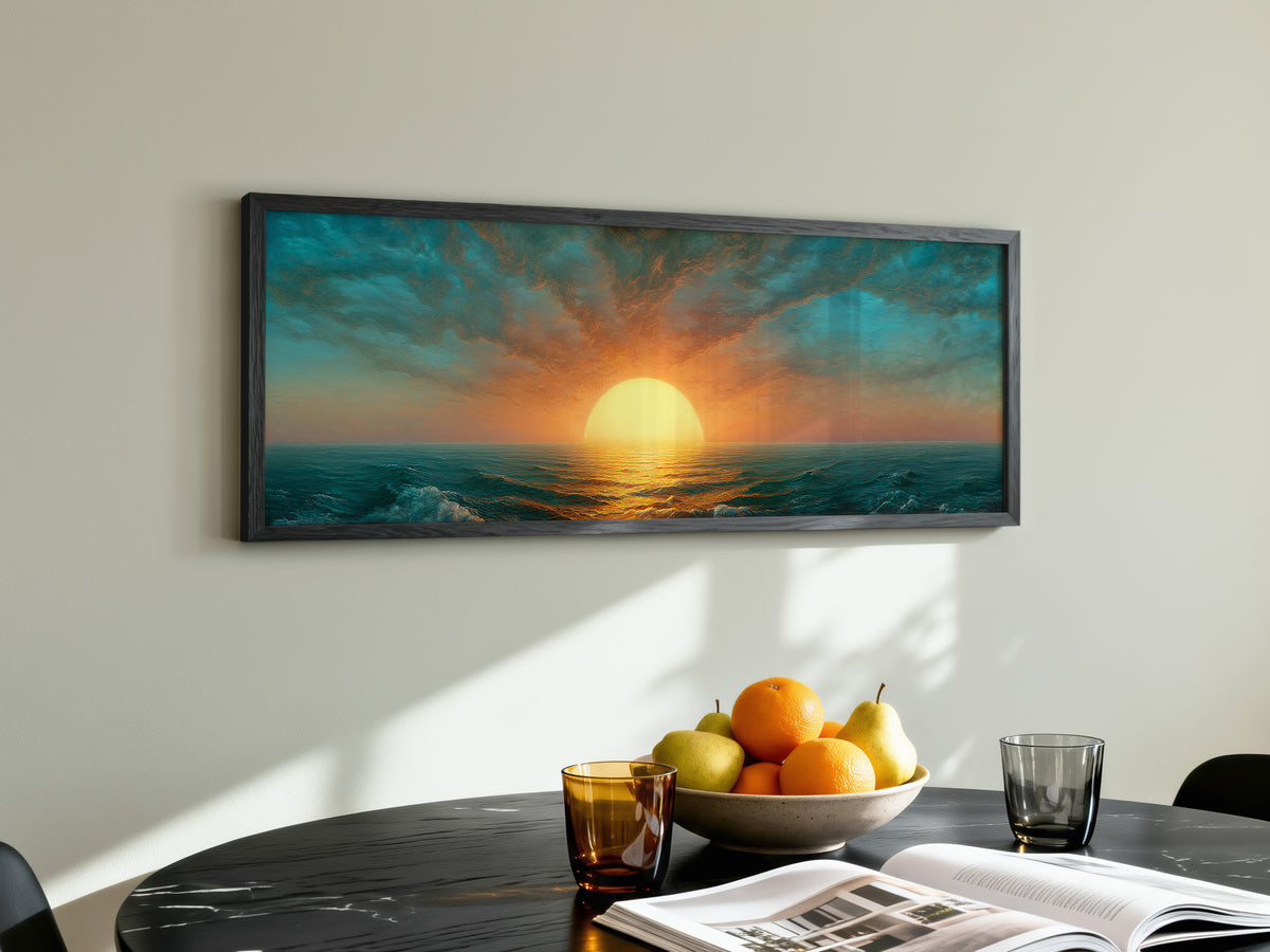 Ocean Sunset Panoramic Canvas Print, Teal Orange Sun Wall Art