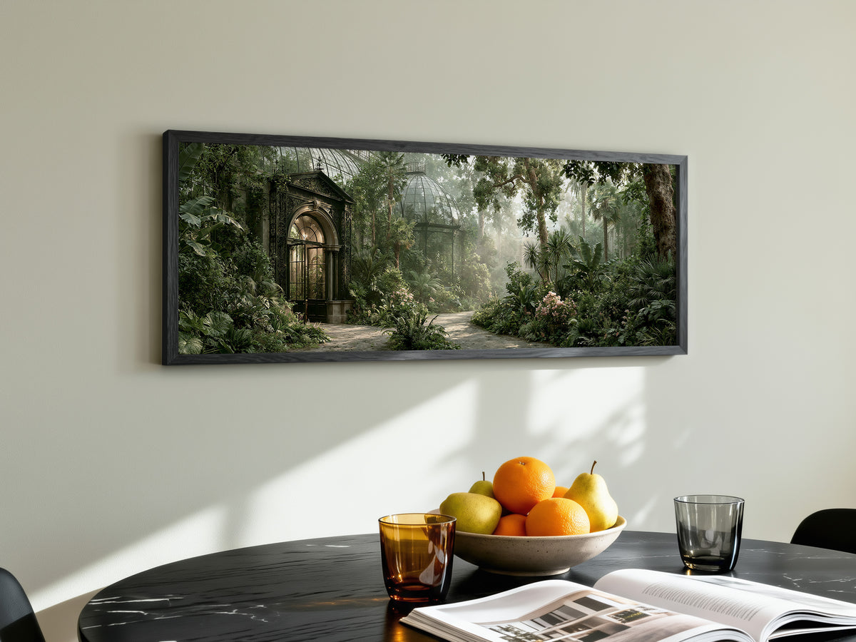 Victorian Greenhouse Botanical Garden Panoramic Canvas Print, Misty Green Glass House Wall Art, Biophilic Living Room Decor