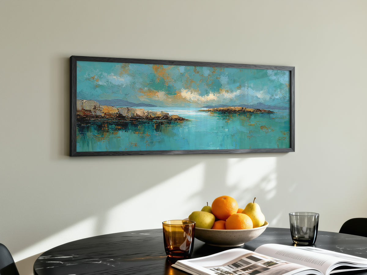 Abstract Coastal Teal Gold Panoramic Canvas Print, Impasto Ocean Sky Seascape Wall Art, Oversized Horizontal Decor