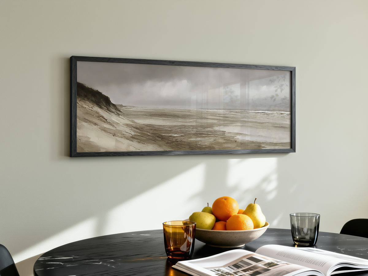 Moody Coastal Beach Panoramic Canvas Print, Gray Stormy Seascape Wall Art